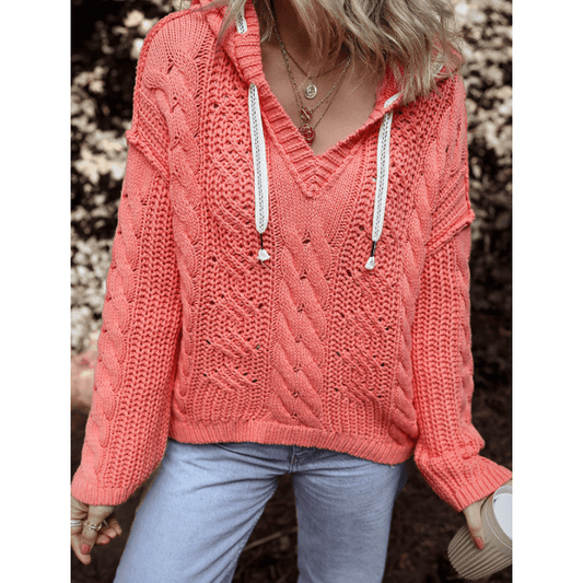 Alice Coral Cable Knit V Neck Contrast Drawstring Hooded Sweater