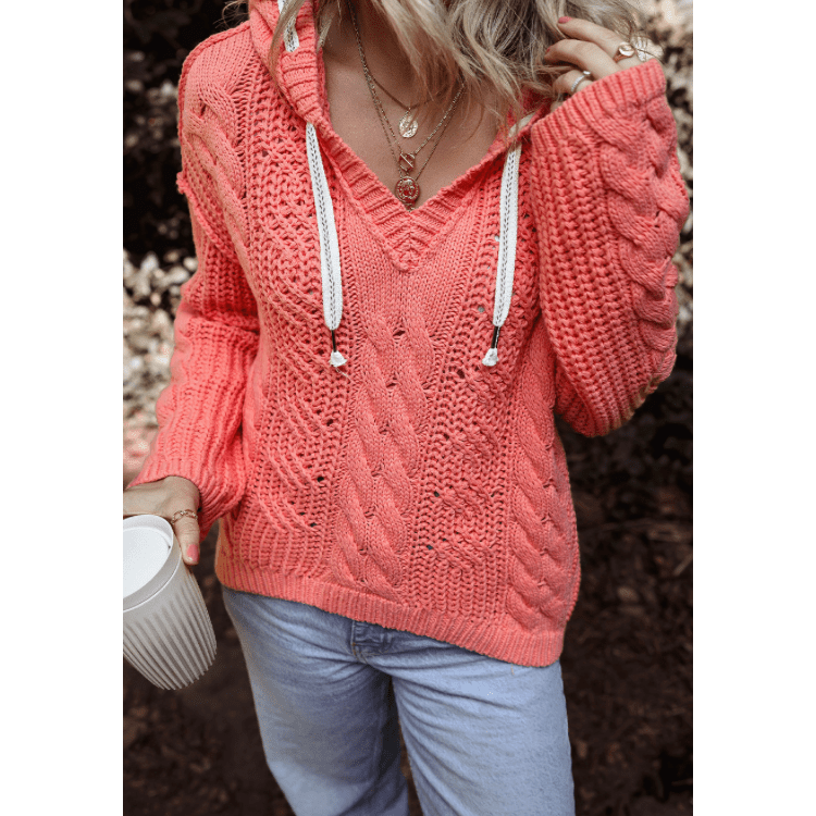 Alice Coral Cable Knit V Neck Contrast Drawstring Hooded Sweater