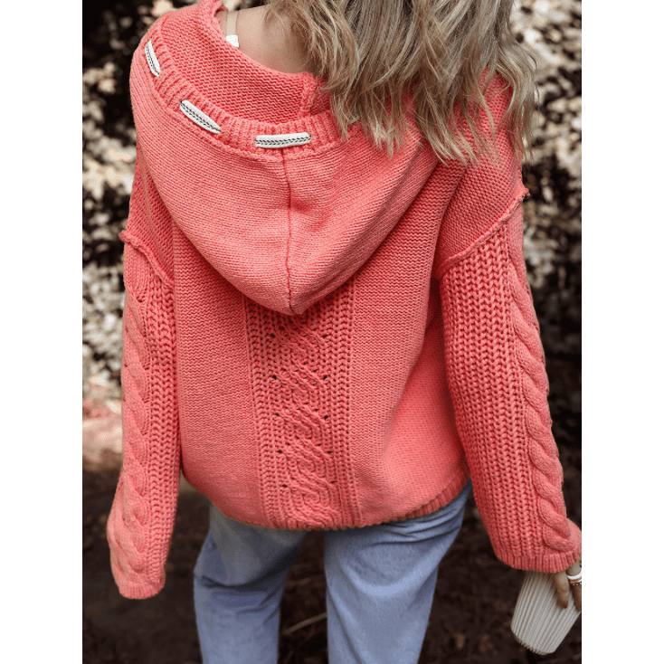 Alice Coral Cable Knit V Neck Contrast Drawstring Hooded Sweater