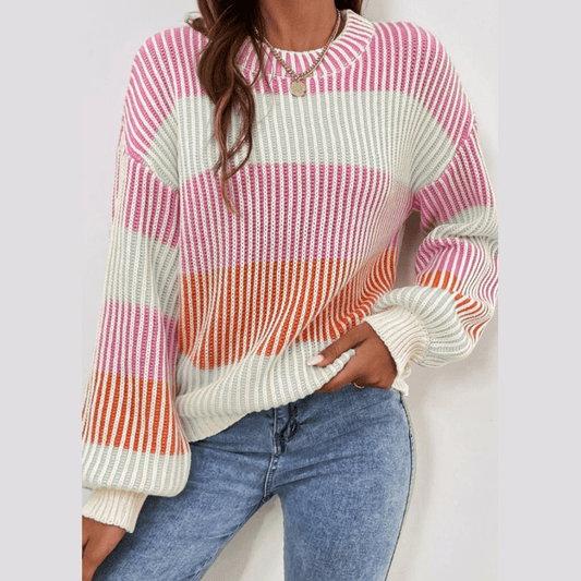 Destiny Pink Colorblock Textured Knit Bubble Sleeve Sweater