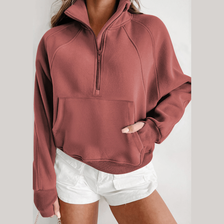 Marlena Brown Fleece Lined Zip Up Stand Collar Thumbhole Sleeve Sweatshirt