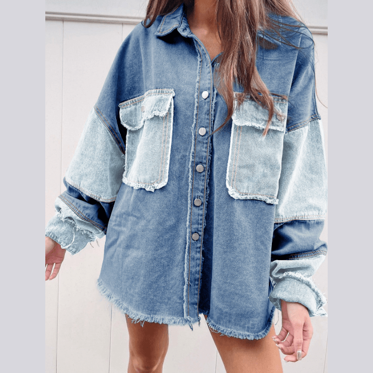 Charise Blue Color Block Frayed Patchwork Oversize Denim Jacket