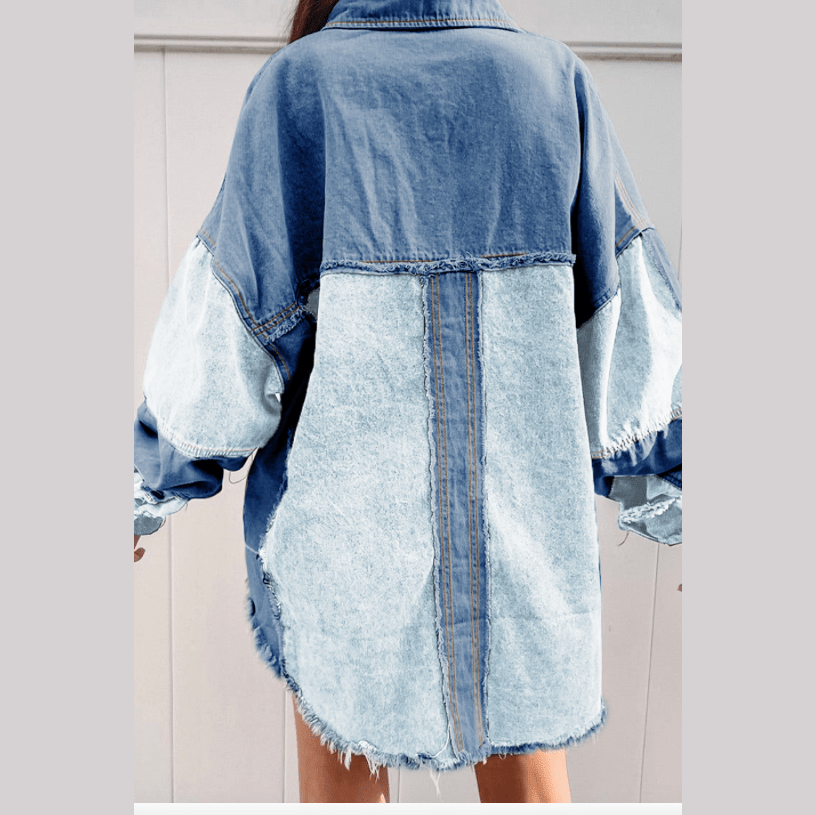 Charise Blue Color Block Frayed Patchwork Oversize Denim Jacket