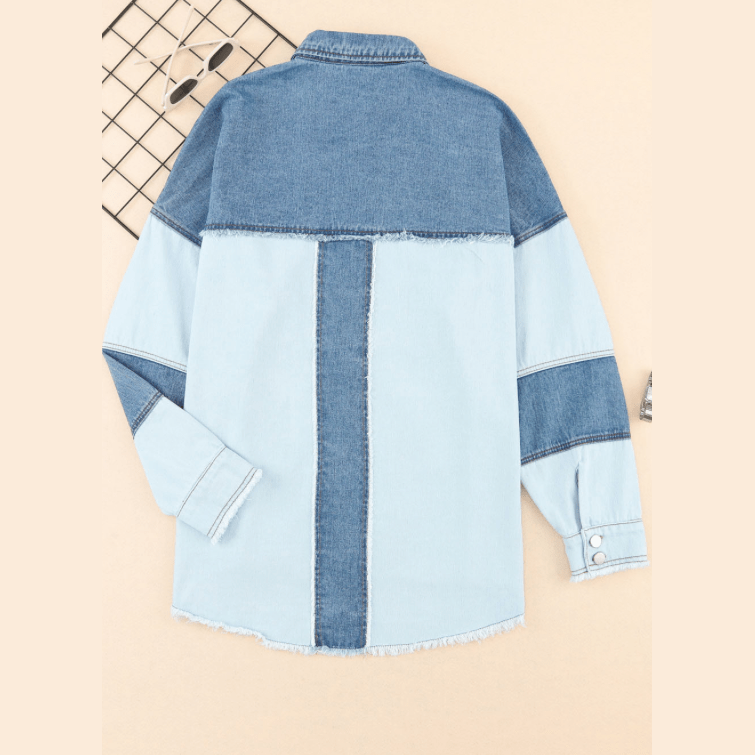 Charise Blue Color Block Frayed Patchwork Oversize Denim Jacket