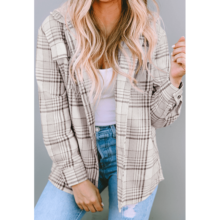 Maggie Khaki Plaid Removable Hood Buttoned Shacket