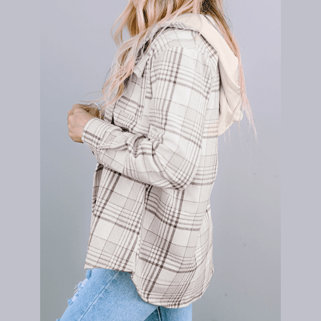 Maggie Khaki Plaid Removable Hood Buttoned Shacket