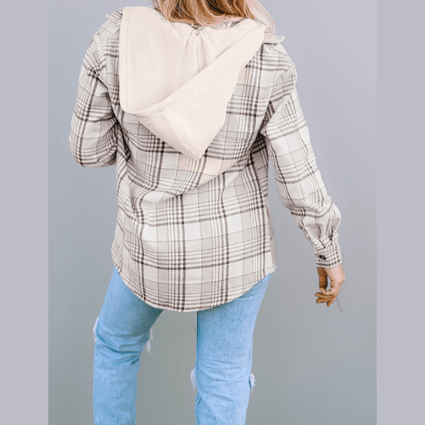 Maggie Khaki Plaid Removable Hood Buttoned Shacket