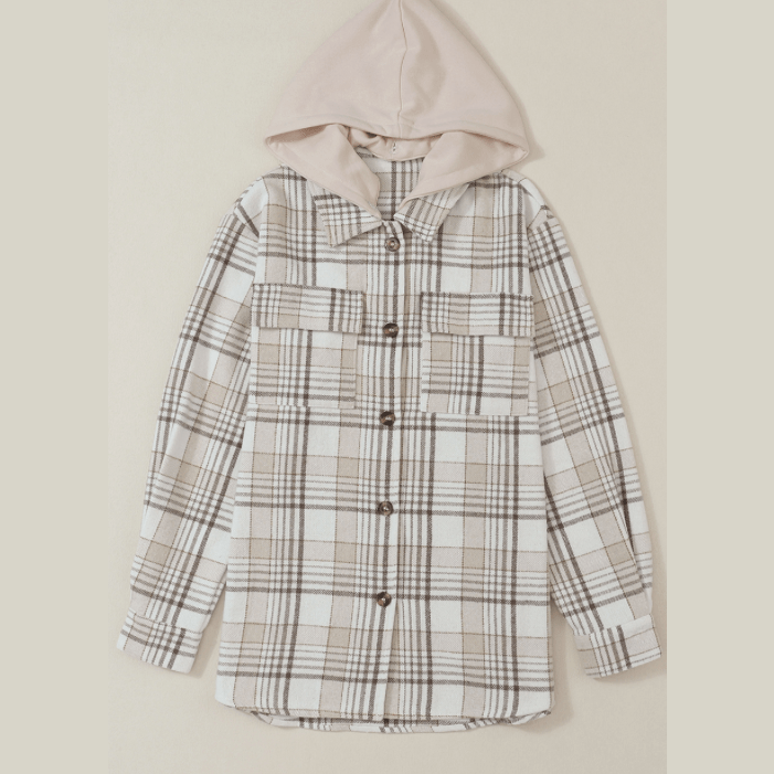 Maggie Khaki Plaid Removable Hood Buttoned Shacket