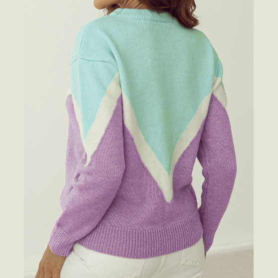 Daisy Green Chevron Colorblock Ribbed Knit Drop Shoulder Sweater