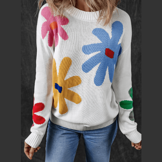 Marley White Colorful Big Flower Pattern Crewneck Sweater