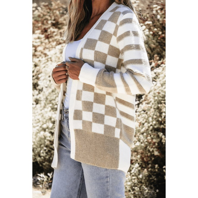 Lizban Gingham Striped Knitted Open Front Cardigan