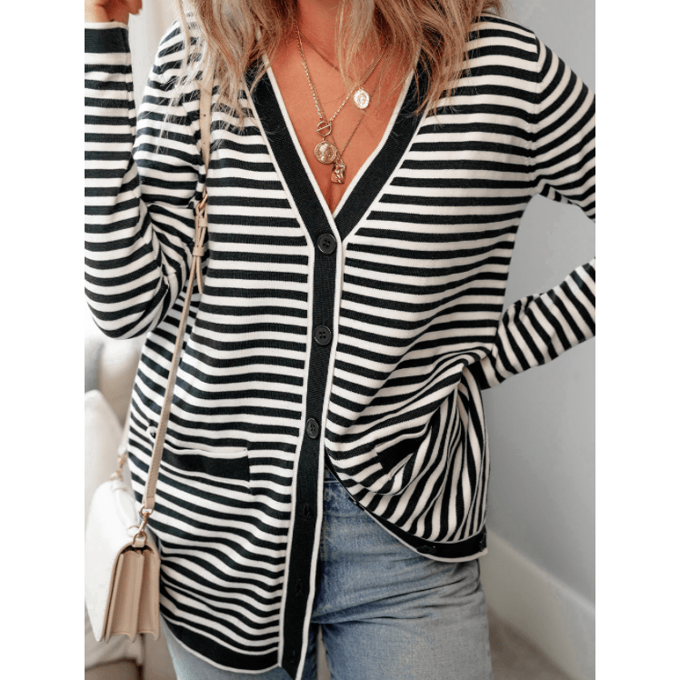 Serah Black Stripe Long Sleeve Button Up Tunic Cardigan