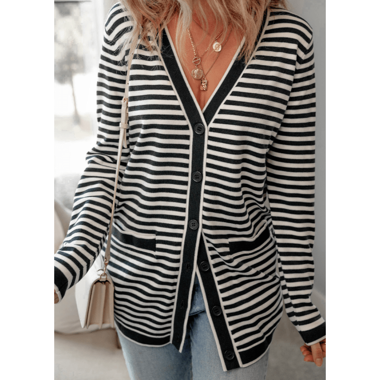 Serah Black Stripe Long Sleeve Button Up Tunic Cardigan