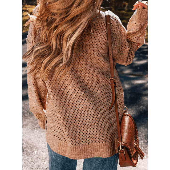 Trinky Brown Loose Eyelet V Neck Drop Shoulder Sweater