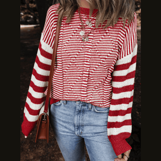 Laverna Red Stripe Geometric Textured Drop Shoulder Sweater