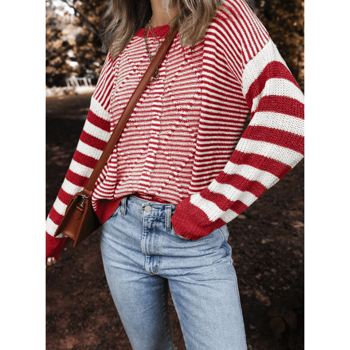 Laverna Red Stripe Geometric Textured Drop Shoulder Sweater