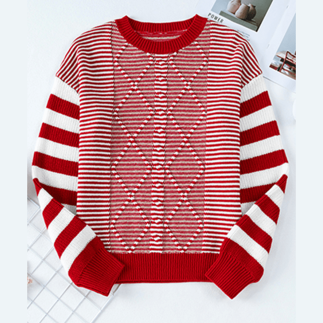 Laverna Red Stripe Geometric Textured Drop Shoulder Sweater