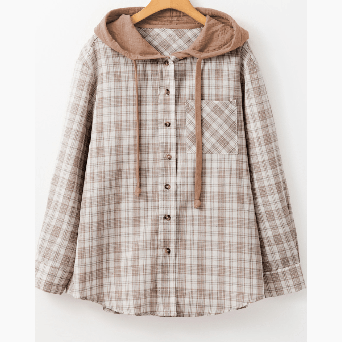 Wisteria Khaki Checkered Print Loose Fit Buttoned Hooded Shacket