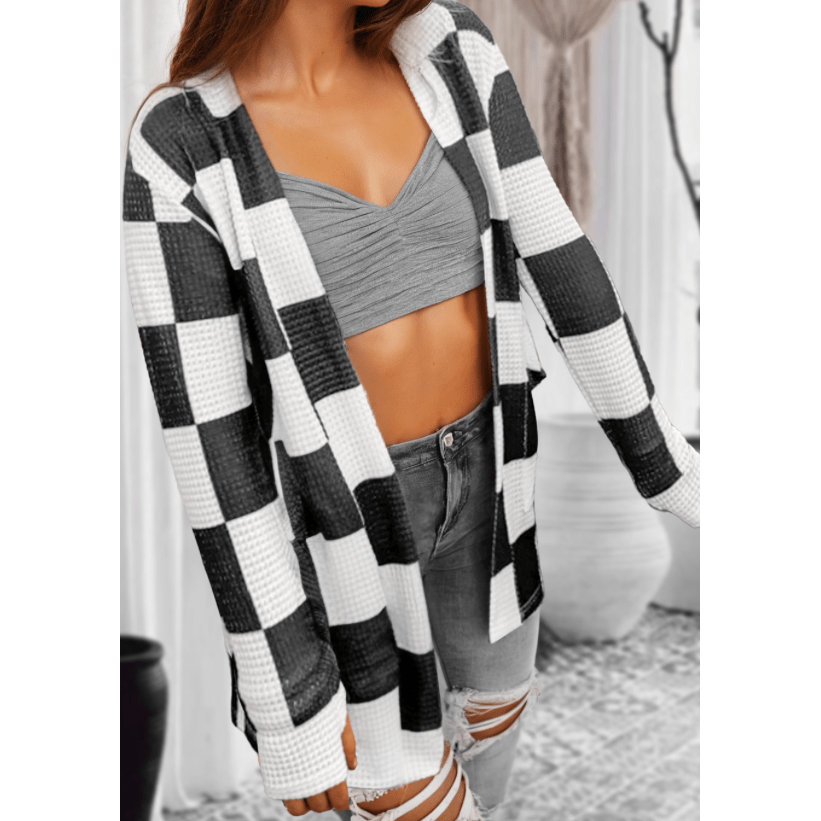 Sharli Black Checkered Waffle Knit Thumbhole Open Front Cardigan