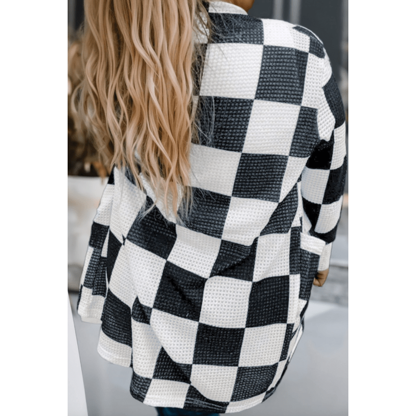 Sharli Black Checkered Waffle Knit Thumbhole Open Front Cardigan