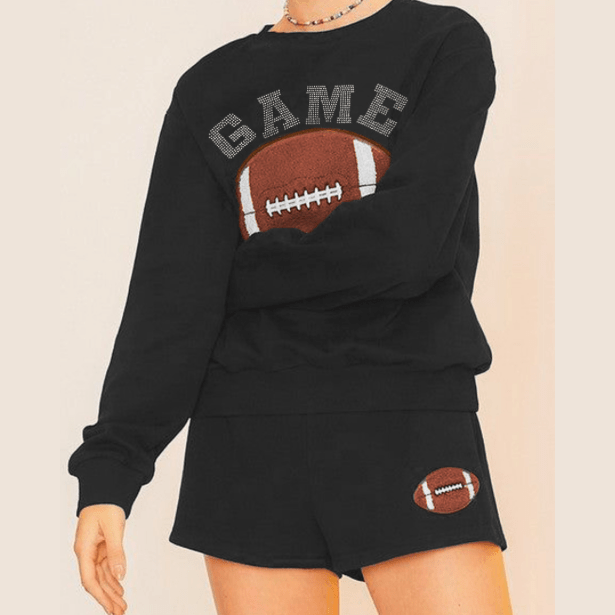 Black GAME DAY Football Graphic Pullover and Shorts Casual Outfit