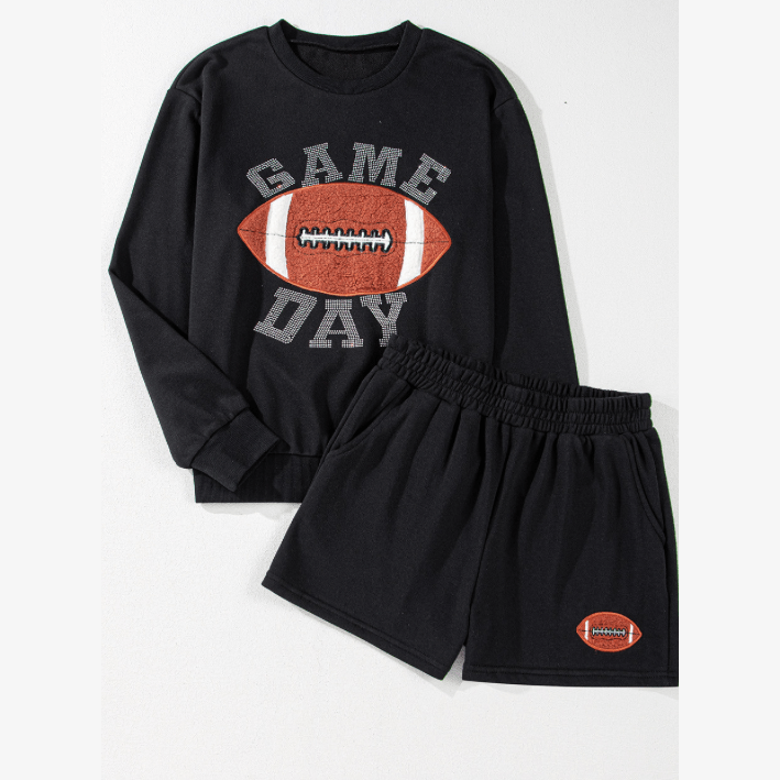 Black GAME DAY Football Graphic Pullover and Shorts Casual Outfit