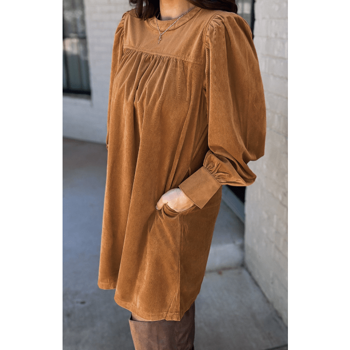 Emme Desert Gold Corduroy Pleated Puff Sleeve Shift Short Dress