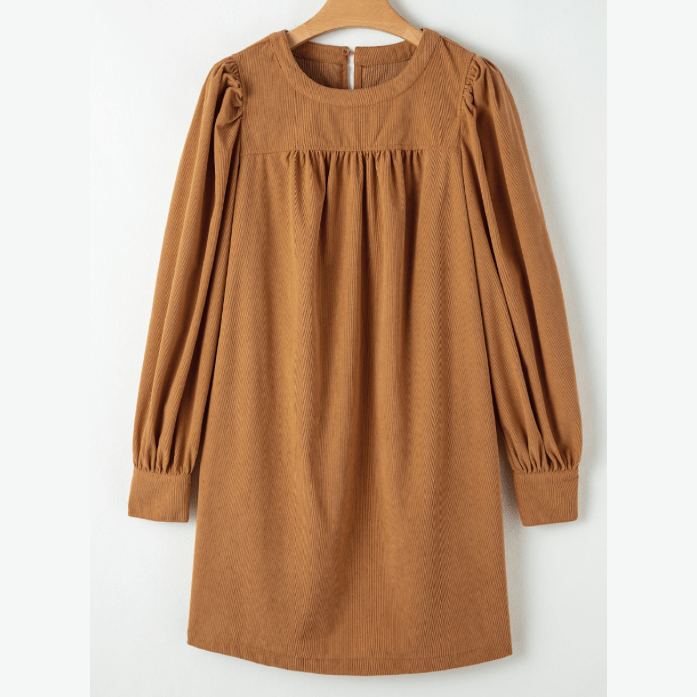 Emme Desert Gold Corduroy Pleated Puff Sleeve Shift Short Dress