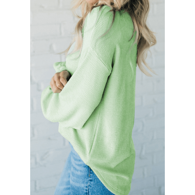 RTS Wenda Moonlight Jade Solid Cord Ribbed Drop Shoulder Pullover Top