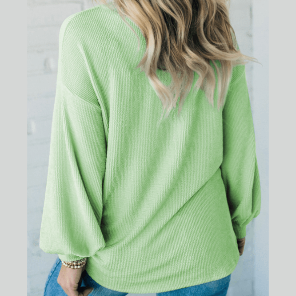 RTS Wenda Moonlight Jade Solid Cord Ribbed Drop Shoulder Pullover Top