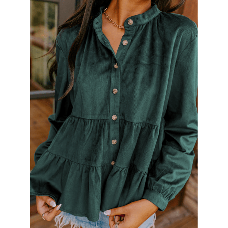 Chelsey Green Corduroy Ruffle Tiered Buttoned O Neck Shirt