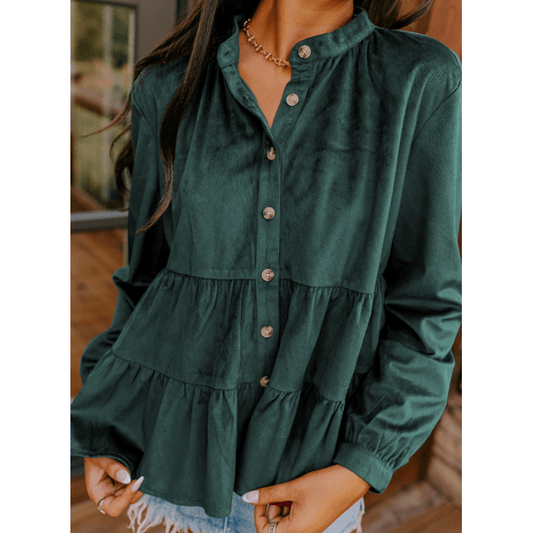 Chelsey Green Corduroy Ruffle Tiered Buttoned O Neck Shirt