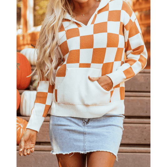 Shante Gold Flame Checkered Split Neck Contrast Kangaroo Pocket Hooded Sweater