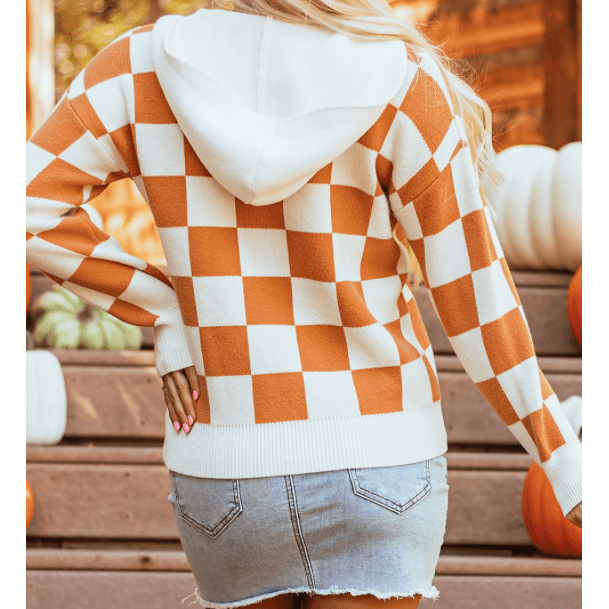 Shante Gold Flame Checkered Split Neck Contrast Kangaroo Pocket Hooded Sweater