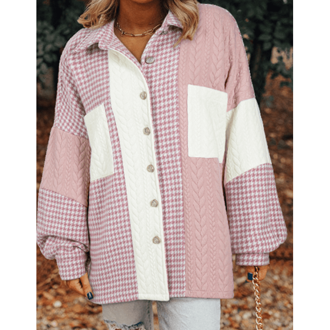 Ava Grace Pink Houndstooth Color Contrast Textured Patchwork Loose Shacket