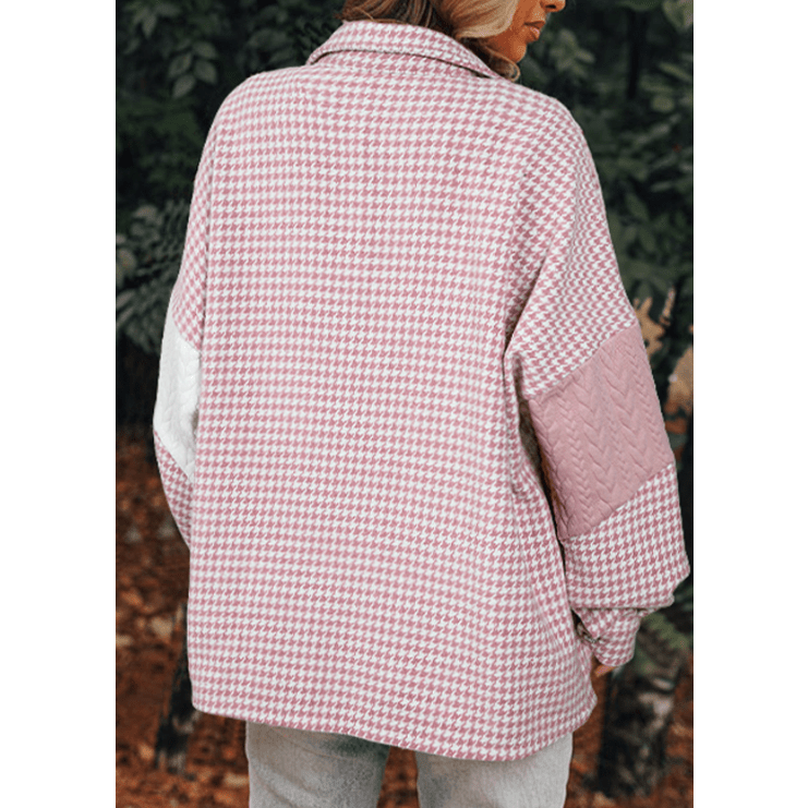 Ava Grace Pink Houndstooth Color Contrast Textured Patchwork Loose Shacket