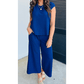 Susan Blue Textured Knit Cap Sleeve T Shirt and Wide Leg Pants Set