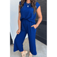 Susan Blue Textured Knit Cap Sleeve T Shirt and Wide Leg Pants Set