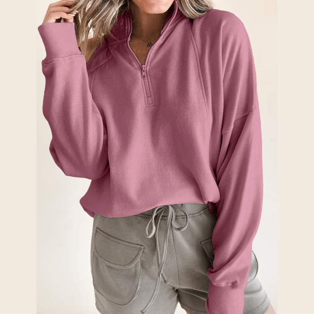 Tatum Mauve Zipped Neck Pullover Drop Shoulder Sweatshirt