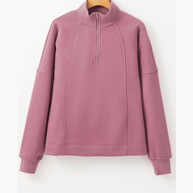 Tatum Mauve Zipped Neck Pullover Drop Shoulder Sweatshirt