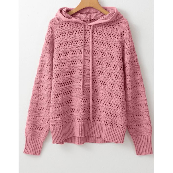 Roshelle Pink Pointelle Knit Raglan Sleeve Hooded Sweater