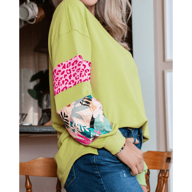 Sheryn Green PLUS SIZE Printed Patchwork Sleeve Split Sweatshirt