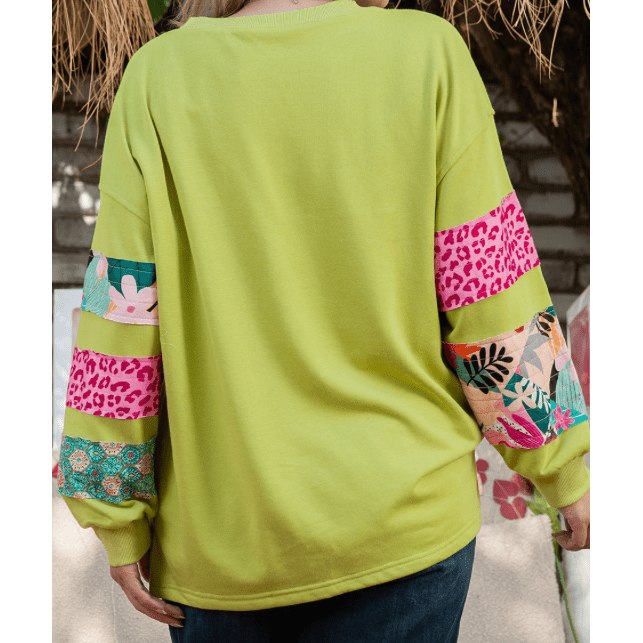 Sheryn Green PLUS SIZE Printed Patchwork Sleeve Split Sweatshirt