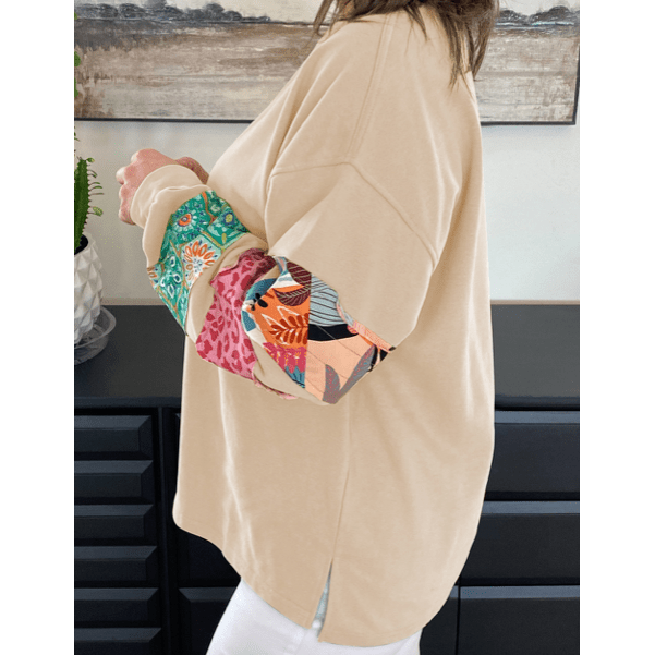 Sheryn Beige PLUS SIZE Printed Patchwork Sleeve Split Sweatshirt