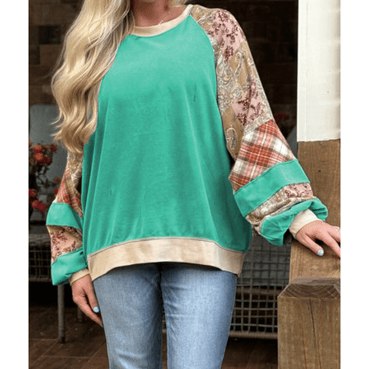 Karey PLUS SIZE Plaid Floral Patchwork Raglan Sleeve Sweatshirt