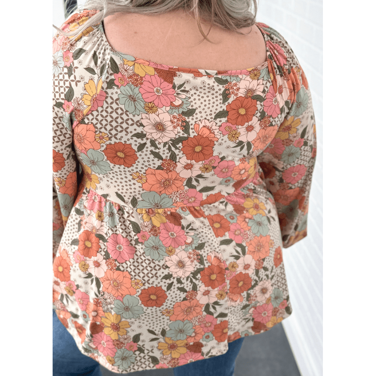 Angela PLUS SIZE Flower Print Square Neck Peplum Blouse