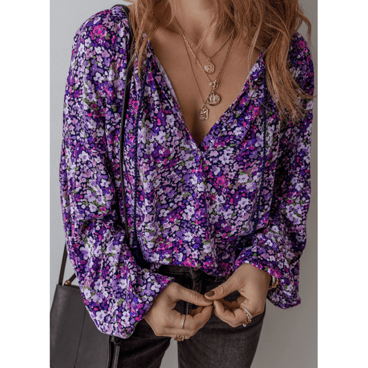 Marita Purple Boho Flower Split V Neck Bubble Sleeve Blouse