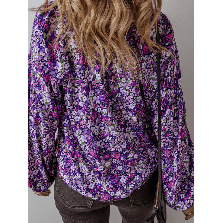 Marita Purple Boho Flower Split V Neck Bubble Sleeve Blouse