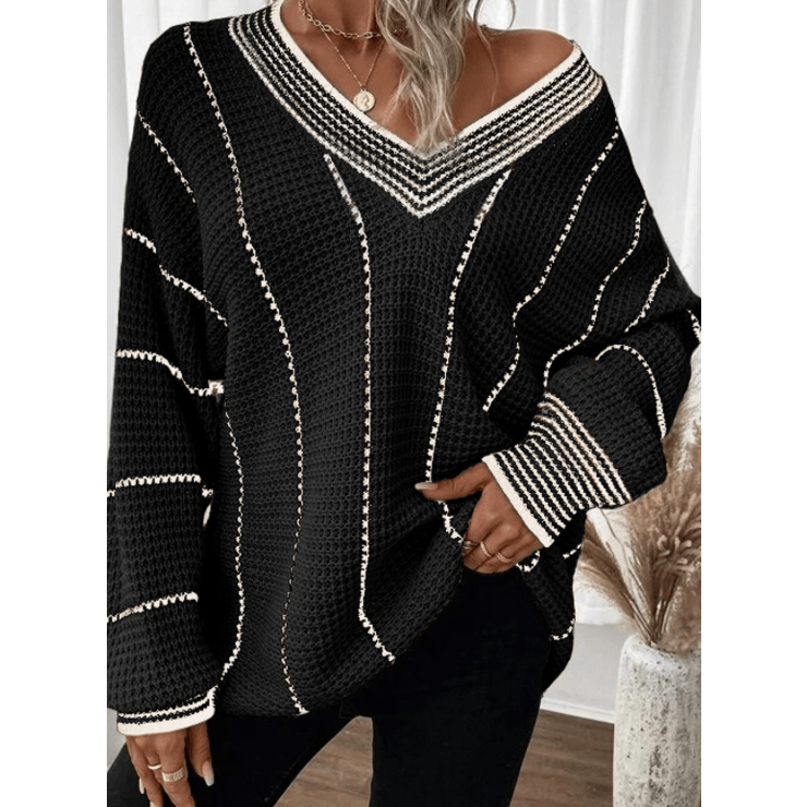 Marimar Black Colorblock Striped V Neck Knitted Loose Sweater