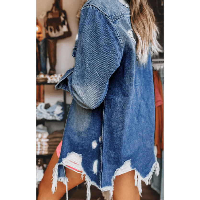 Tiffani Dark Blue Light Wash Distressed Frayed Long Denim Jacket